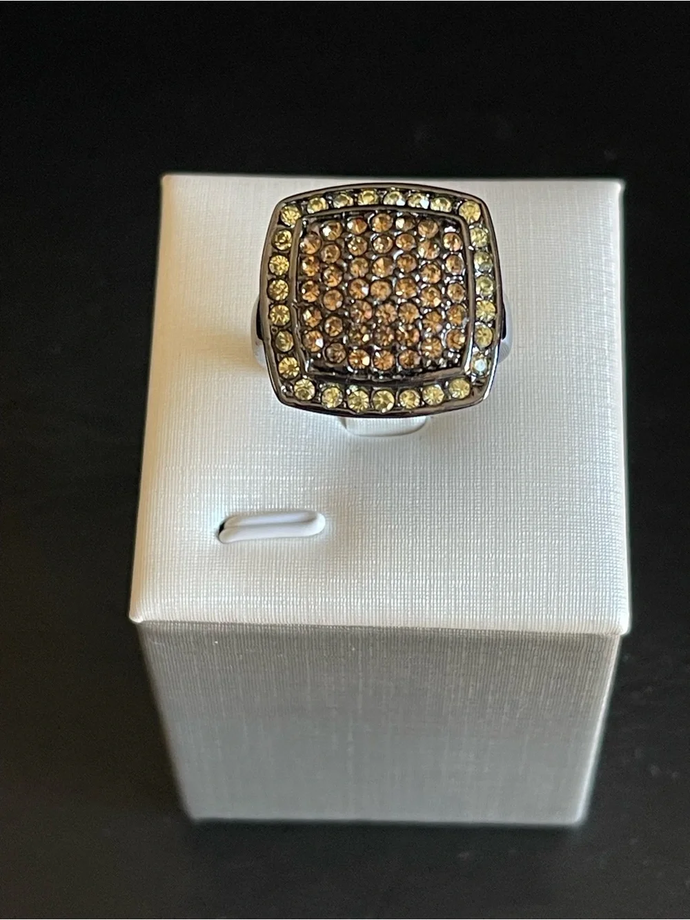 Black silver tone Square Pave Cocktail Ring with Champagne Crystals